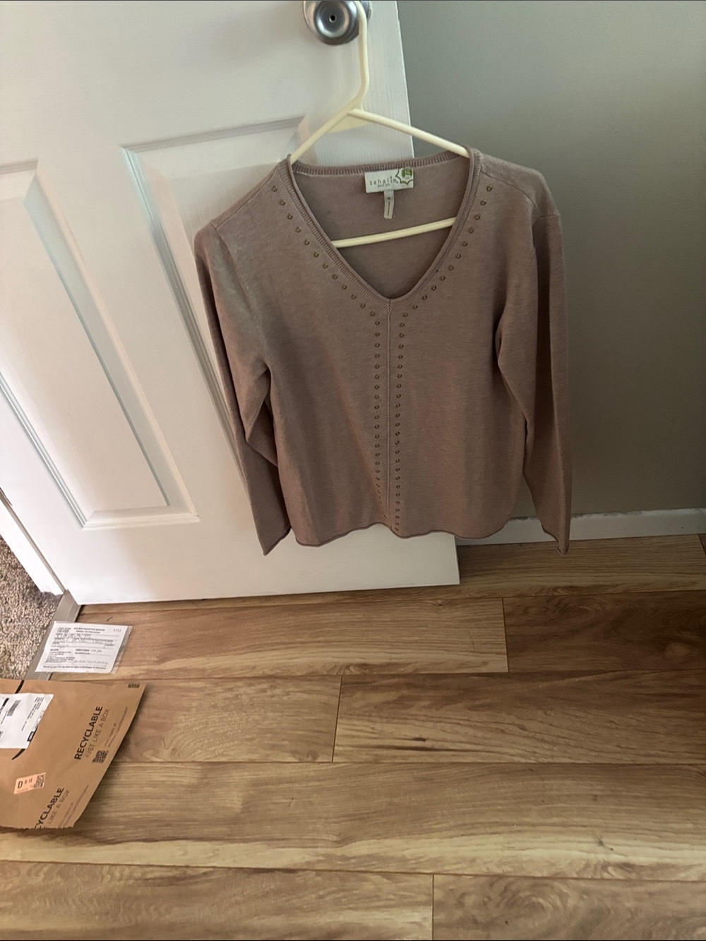 Talbots Taupe Studded V-Neck Sweater
